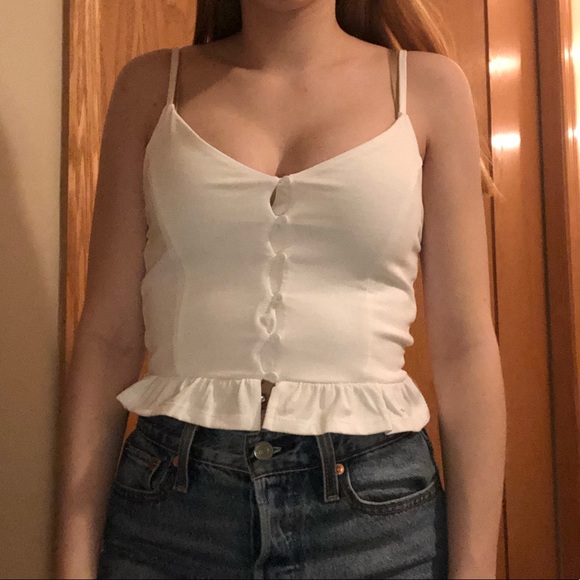 White Buttoned Ruffled Crop Top - Picture 1 of 5